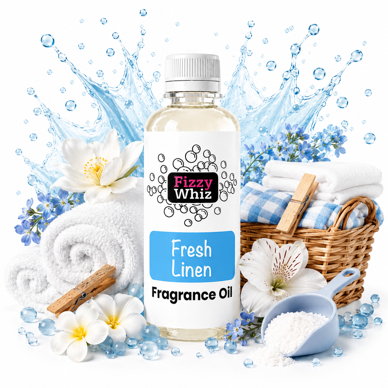 A bottle of Fizzy Whiz Fresh Linen Fragrance Oil centered on a white background, surrounded by towels, flowers, blue water droplets, and laundry props that suggest a clean, fresh scent.