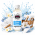 A bottle of Fizzy Whiz Fresh Linen Fragrance Oil centered on a white background, surrounded by towels, flowers, blue water droplets, and laundry props that suggest a clean, fresh scent.