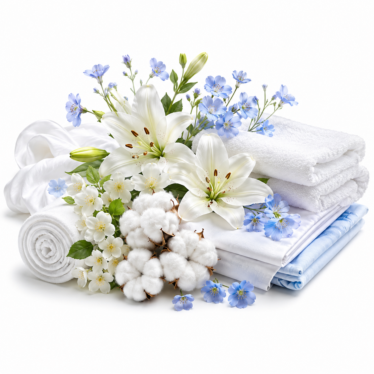 A styled arrangement of white and light blue folded towels with white lilies, small blue flowers, and cotton bolls on a clean white background.