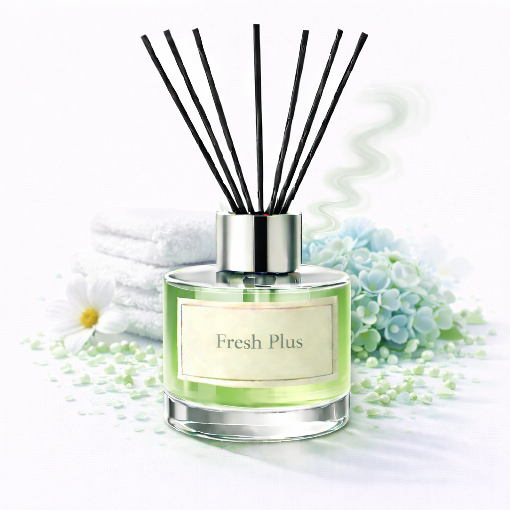 Diffuser with black sticks and 'Fresh Plus' label on a white background