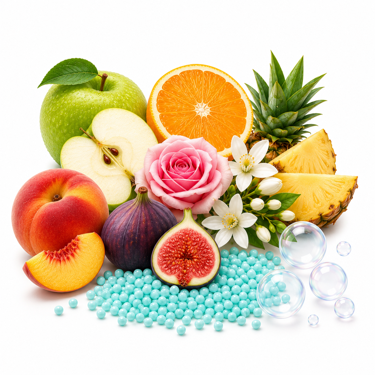 A styled arrangement of fresh fruits and flowers on a white background, including a green apple, orange slice, pineapple, peach, fig, pink rose, white blossoms, and scattered light blue beads with clear bubble-like spheres.