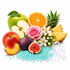 A styled arrangement of fresh fruits and flowers on a white background, including a green apple, orange slice, pineapple, peach, fig, pink rose, white blossoms, and scattered light blue beads with clear bubble-like spheres.
