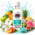 A bottle of Fizzy Whiz Fresh Plus fragrance oil surrounded by fruit and flowers on a white background with water splash graphics. The bottle is clear glass with a white cap and a white label featuring a teal and pink logo block.