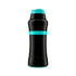 Black curved plastic bottle with a blue flip-top cap and matching blue accent band around the centre, photographed upright against a pale background.