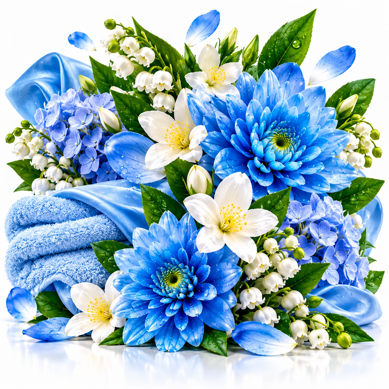 A vibrant floral arrangement featuring bright blue daisies, white lilies, and green leaves, styled with a folded blue towel and blue satin ribbon on a clean white background.