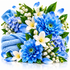 A vibrant floral arrangement featuring bright blue daisies, white lilies, and green leaves, styled with a folded blue towel and blue satin ribbon on a clean white background.