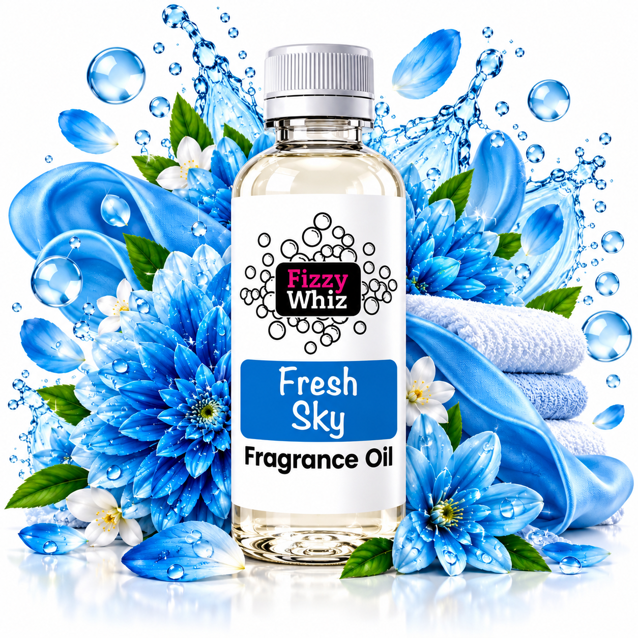 A bottle of Fizzy Whiz Fresh Sky Fragrance Oil centered on a white background, surrounded by blue flowers, blue water splashes, folded white towels, and glossy blue droplets. The bottle has a white cap and a white label with blue and black text.