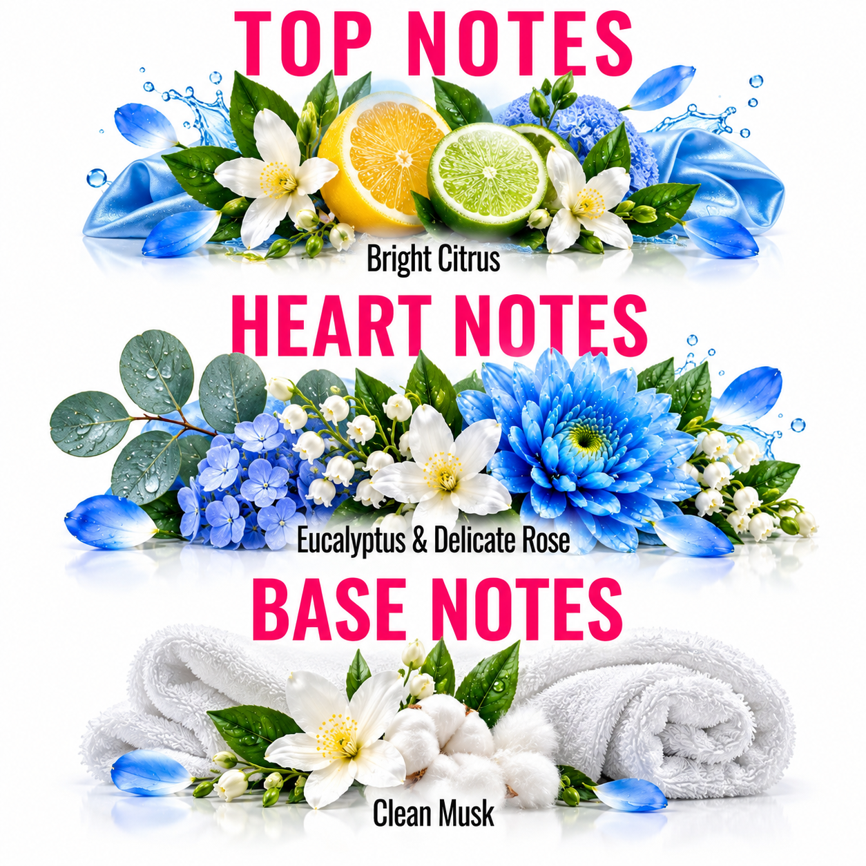 A fragrance-themed graphic with three scent categories labeled TOP NOTES, HEART NOTES, and BASE NOTES in bright pink text on a white background. Top Notes show bright citrus and blue water droplets; Heart Notes show blue and white flowers with green leaves; Base Notes show rolled white towels and soft white flowers.