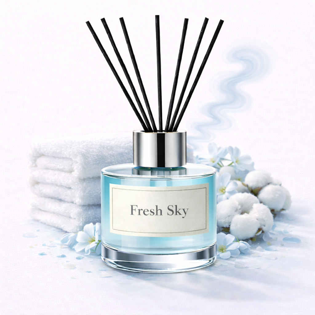 Diffuser with 'Fresh Sky' label surrounded by white flowers on a light background
