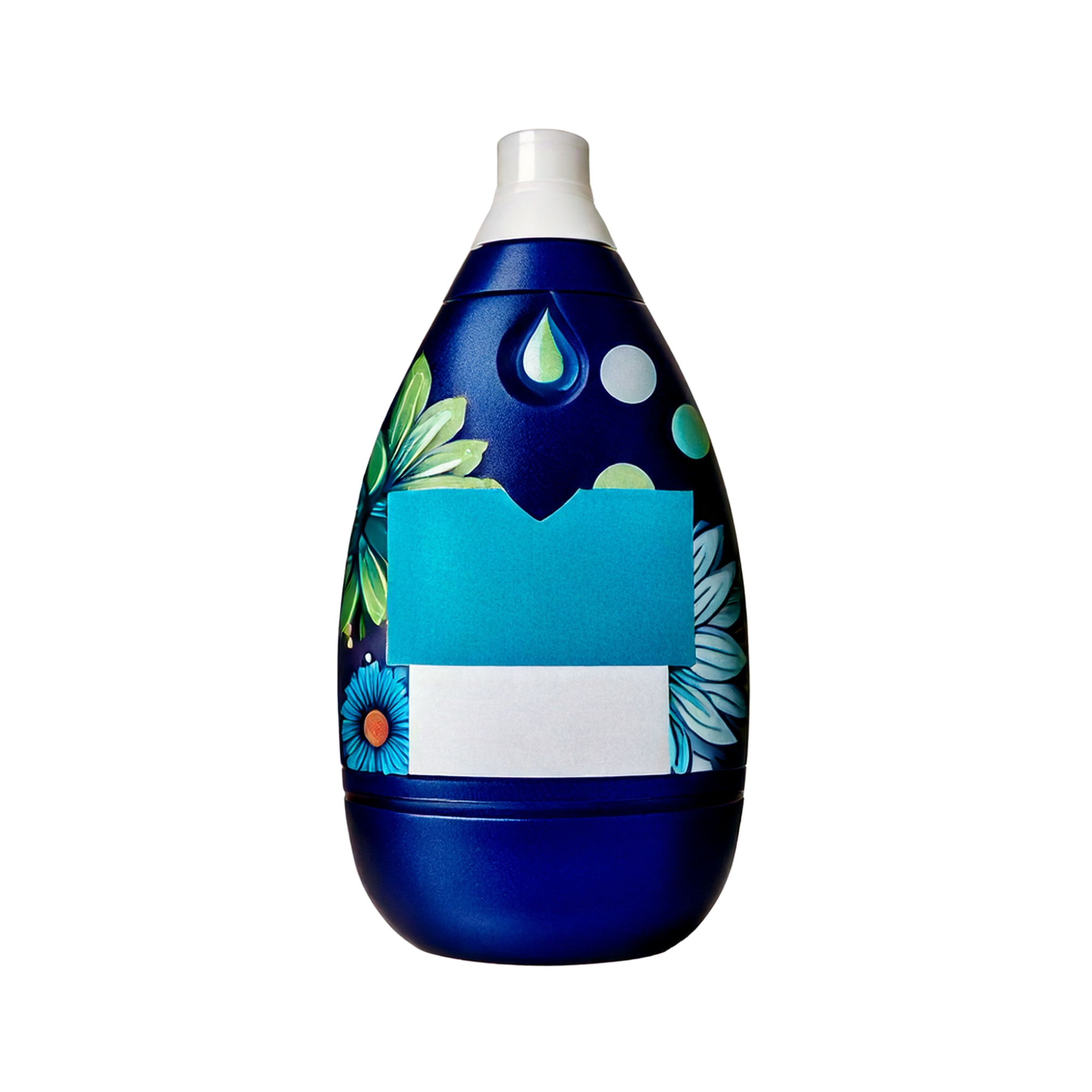 Blue pear-shaped plastic bottle with a white cap and floral pattern, featuring a blank rectangular label area on the front, displayed on a plain light background.