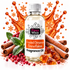 A bottle of Fizzy Whiz Fragrance Oil in the 'Frosted Cinnamon Snowflakes' scent, surrounded by cinnamon sticks, red berries, mint leaves, and amber crystals on a white background with a decorative orange splash graphic.