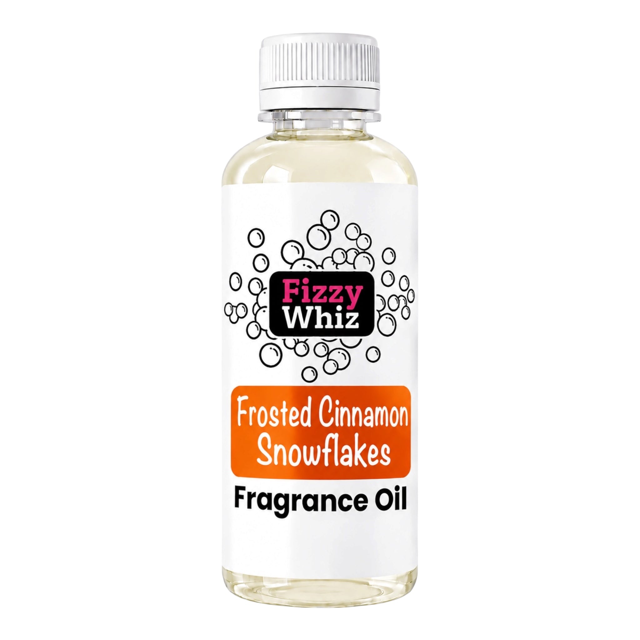 A bottle of Fizzy Whiz Fragrance Oil with a white cap and a white label featuring the brand name 'Fizzy Whiz' and the scent 'Frosted Cinnamon Snowflakes' in an orange box, on a solid white background.