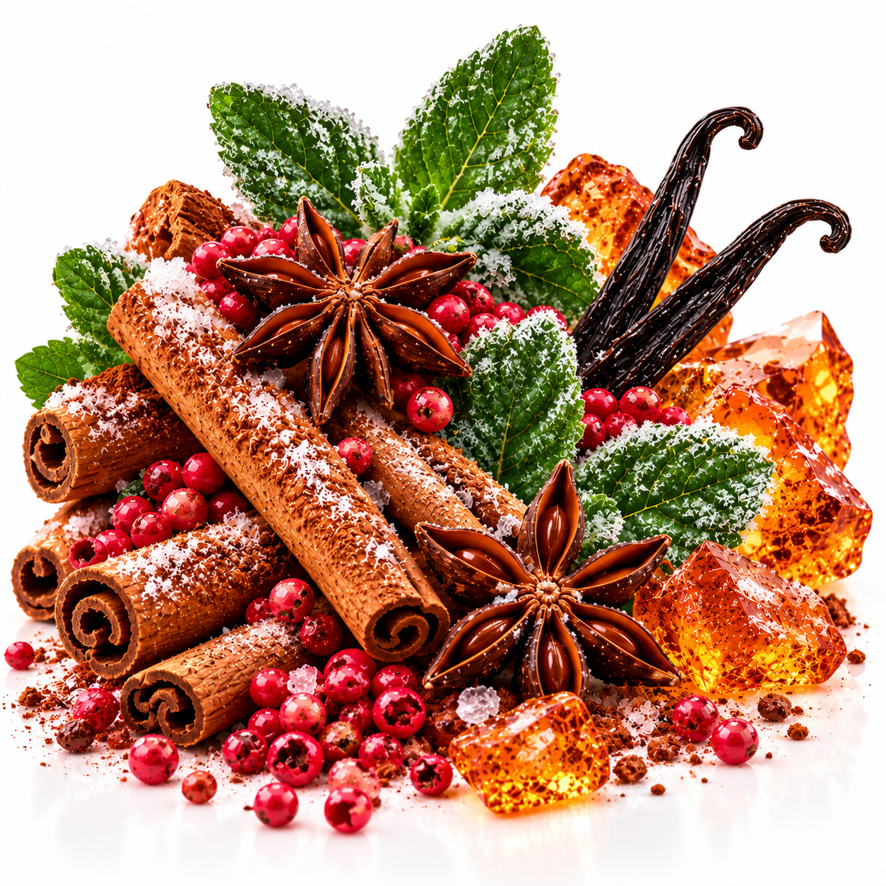 A styled arrangement of holiday spices and garnishes on a white background, including cinnamon sticks dusted with powdered sugar, star anise, vanilla pods, green mint leaves, and red berries, alongside amber-colored translucent sugar cubes.