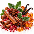 A styled arrangement of holiday spices and garnishes on a white background, including cinnamon sticks dusted with powdered sugar, star anise, vanilla pods, green mint leaves, and red berries, alongside amber-colored translucent sugar cubes.