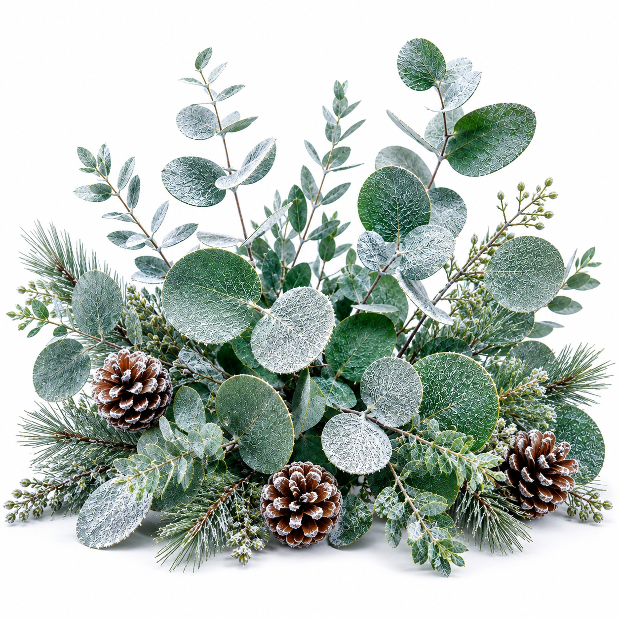 Frosted green eucalyptus and pine branches with two brown pinecones, arranged as a decorative greenery arrangement on a white background.