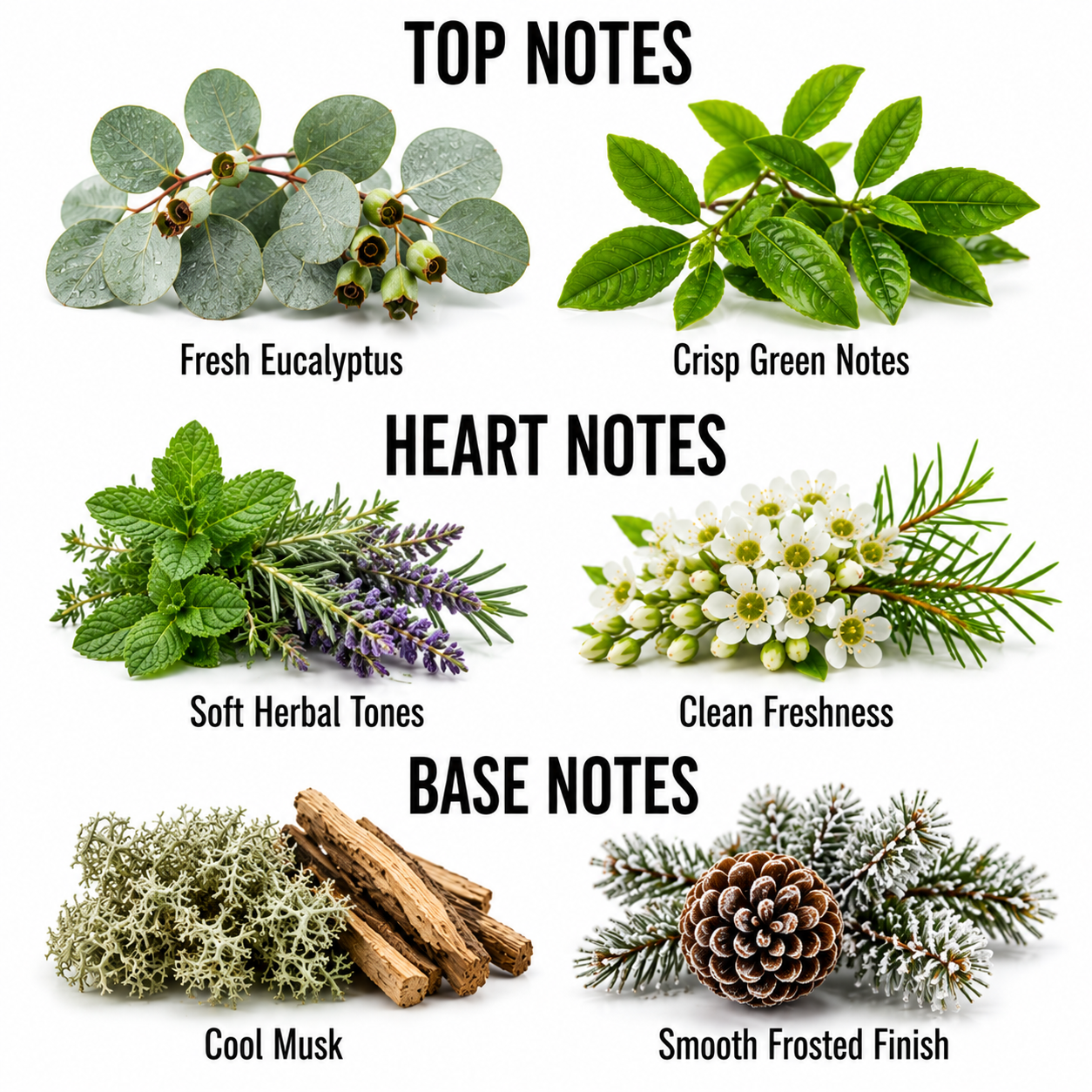 A fragrance notes graphic on a white background with the headings TOP NOTES, HEART NOTES, and BASE NOTES. The top notes show eucalyptus leaves and green leaves labeled Fresh Eucalyptus and Crisp Green Notes.