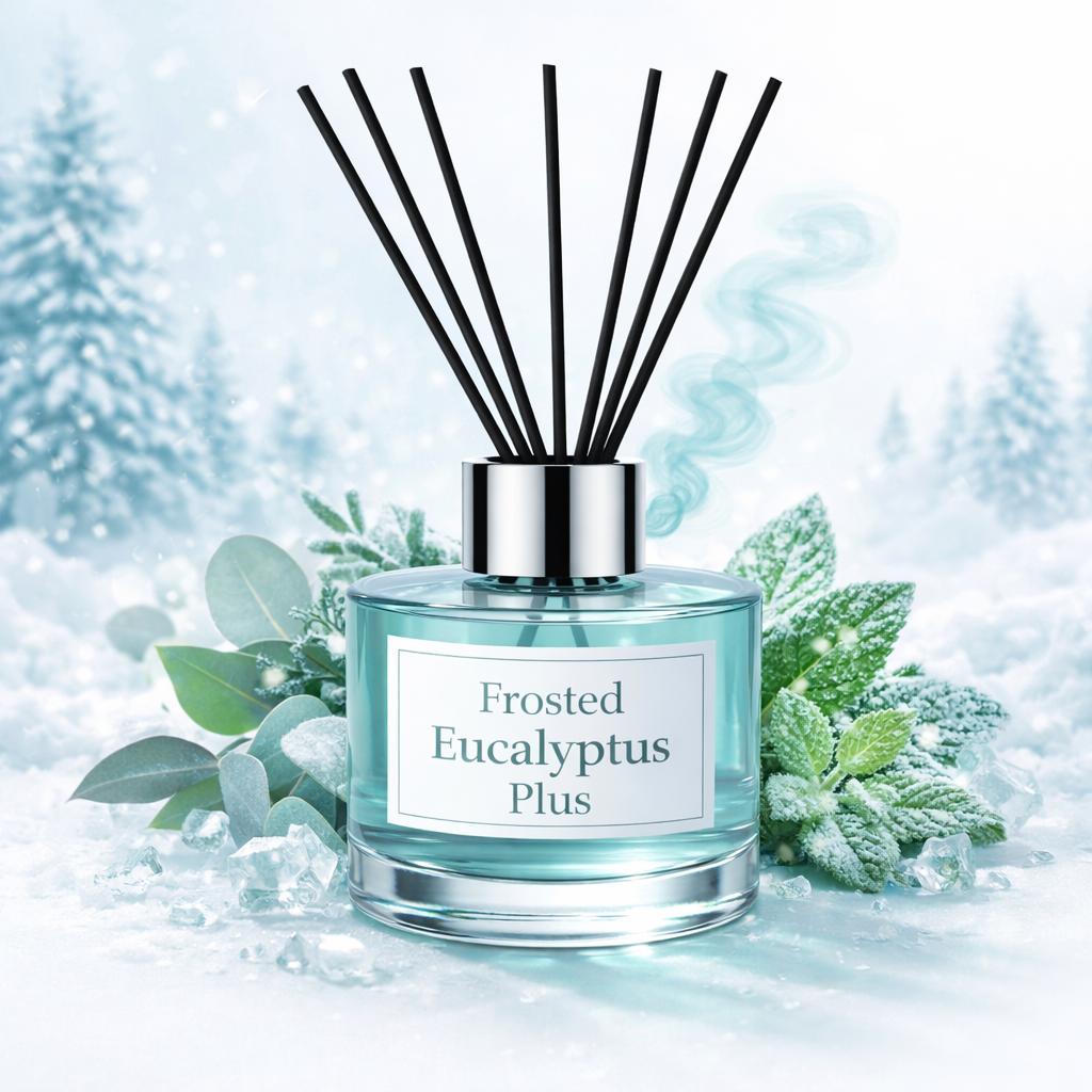 Frosted Eucalyptus Plus diffuser with winter-themed background