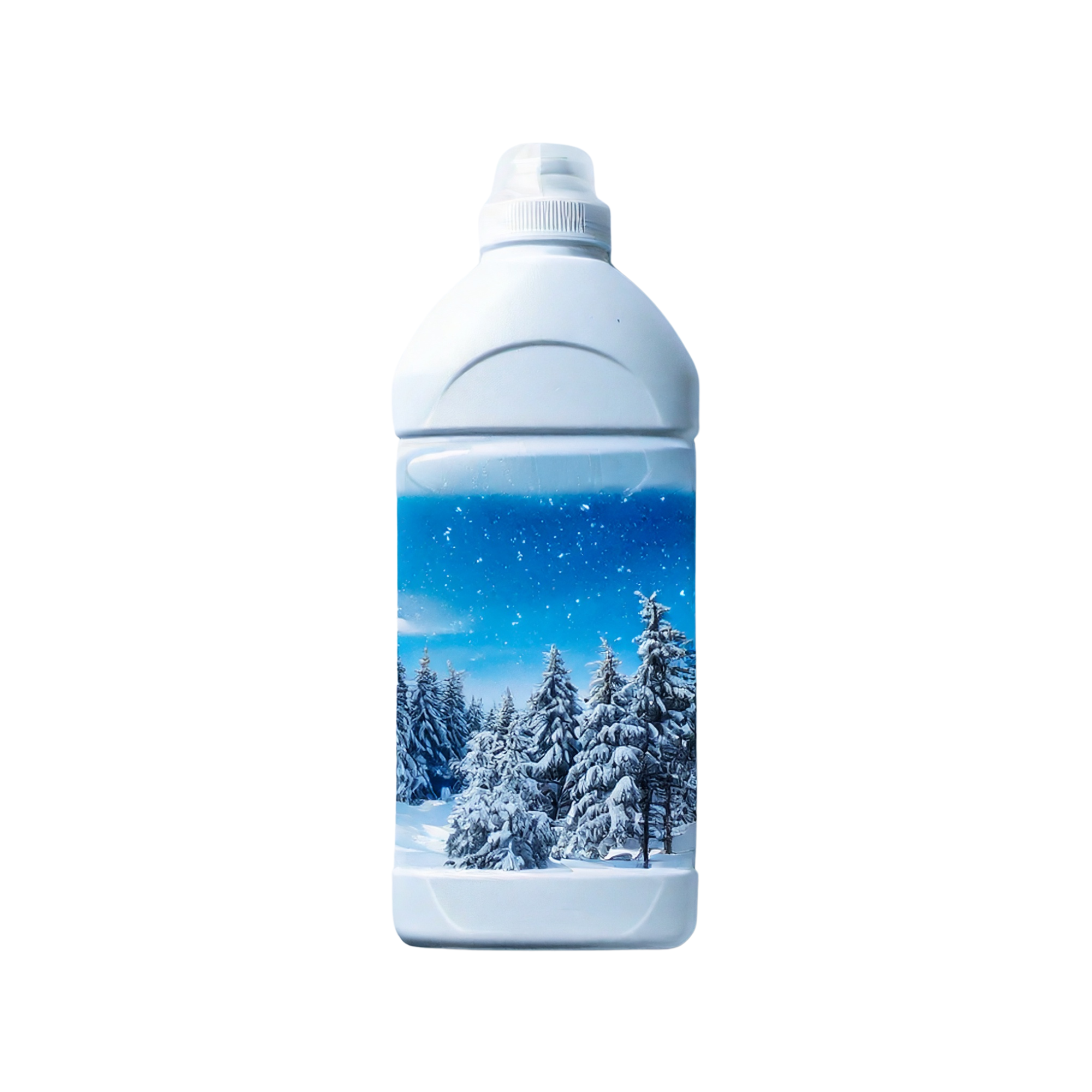 Laundry white bottle with image of trees and snow with blue sky snowing 