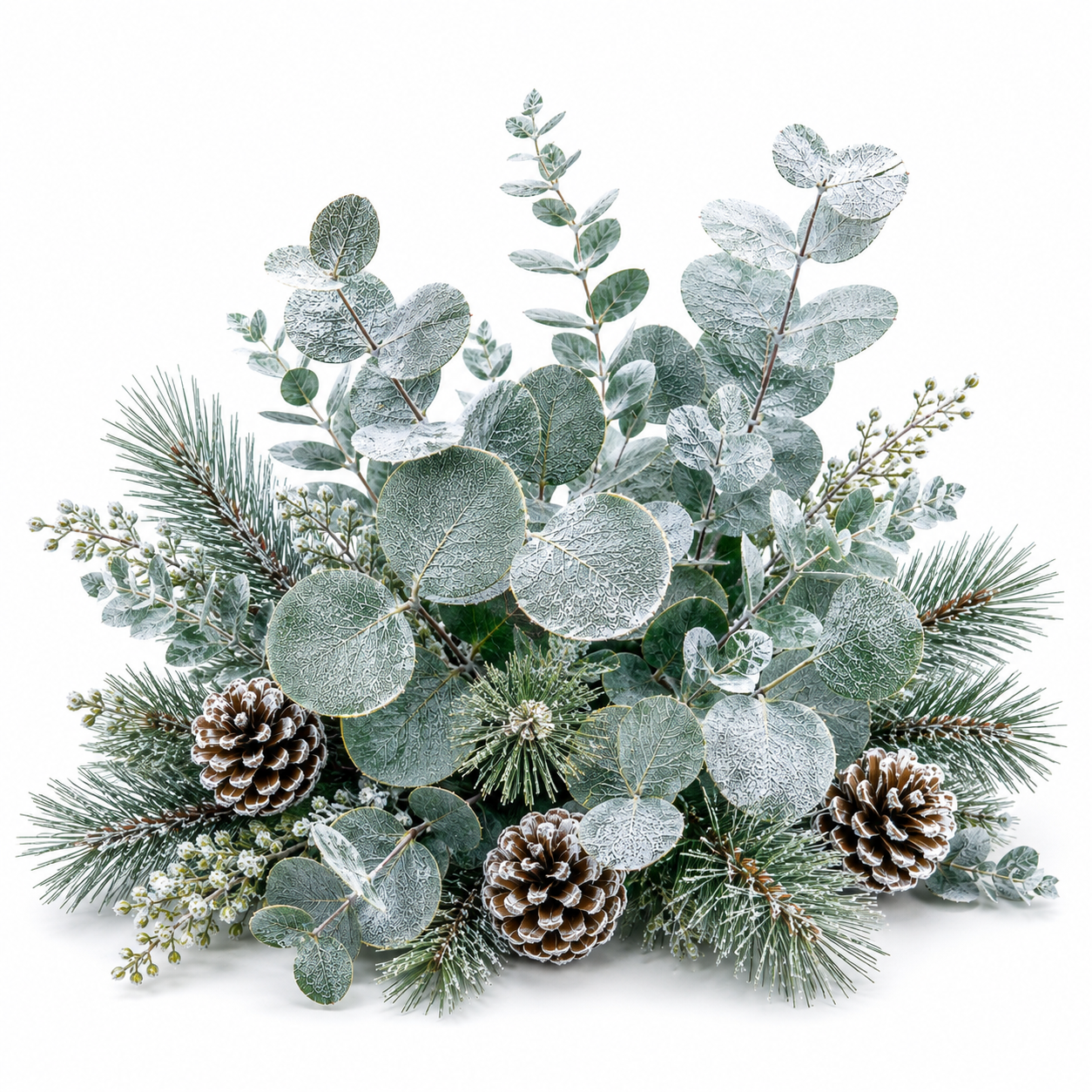 Frosted holiday greenery arrangement featuring dusty eucalyptus leaves, pine branches, and pinecones on a clean white background.