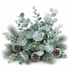Frosted holiday greenery arrangement featuring dusty eucalyptus leaves, pine branches, and pinecones on a clean white background.