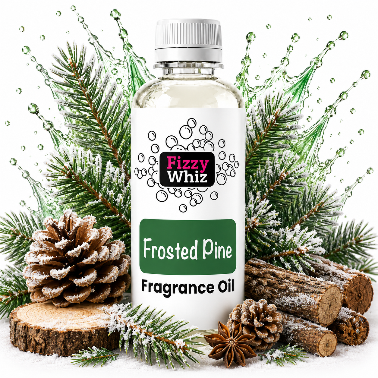 Frosted Pine Fragrance Oil surrounded by snow-dusted pine branches, frosted pine cones, rustic woods and star anise with fresh green fragrance splashes on a clean white background.