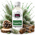 Frosted Pine Fragrance Oil surrounded by snow-dusted pine branches, frosted pine cones, rustic woods and star anise with fresh green fragrance splashes on a clean white background.