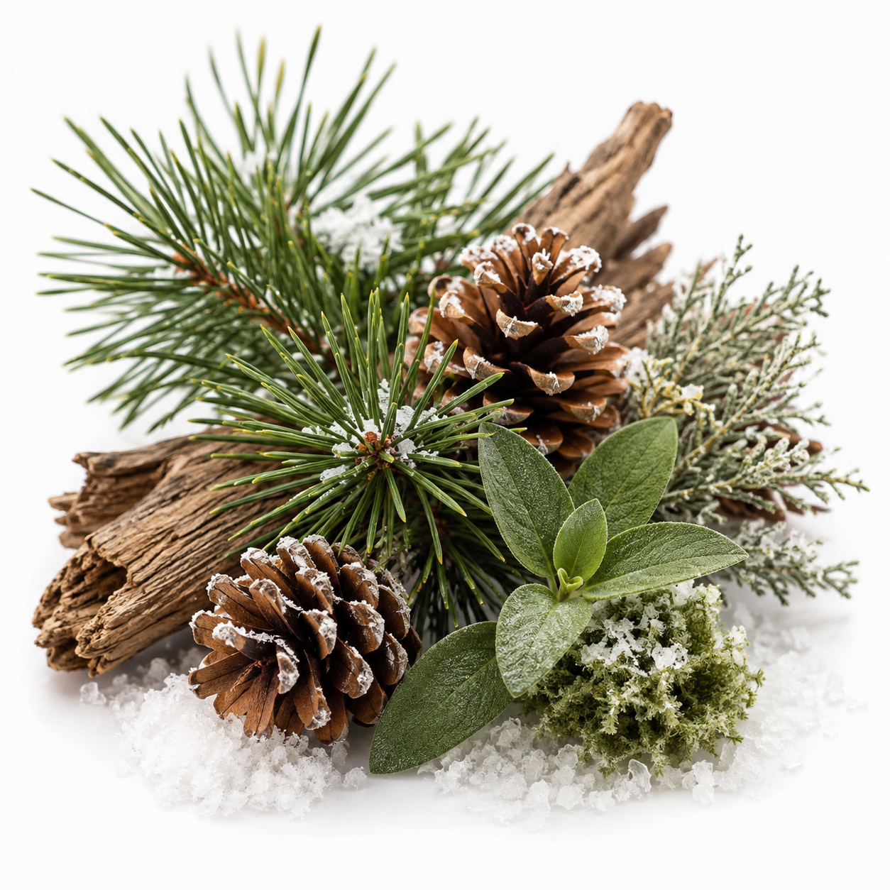 A styled arrangement of natural winter elements on a white background, including pine needles, two pinecones dusted with snow, pieces of driftwood, green leaves, and textured white faux snow.