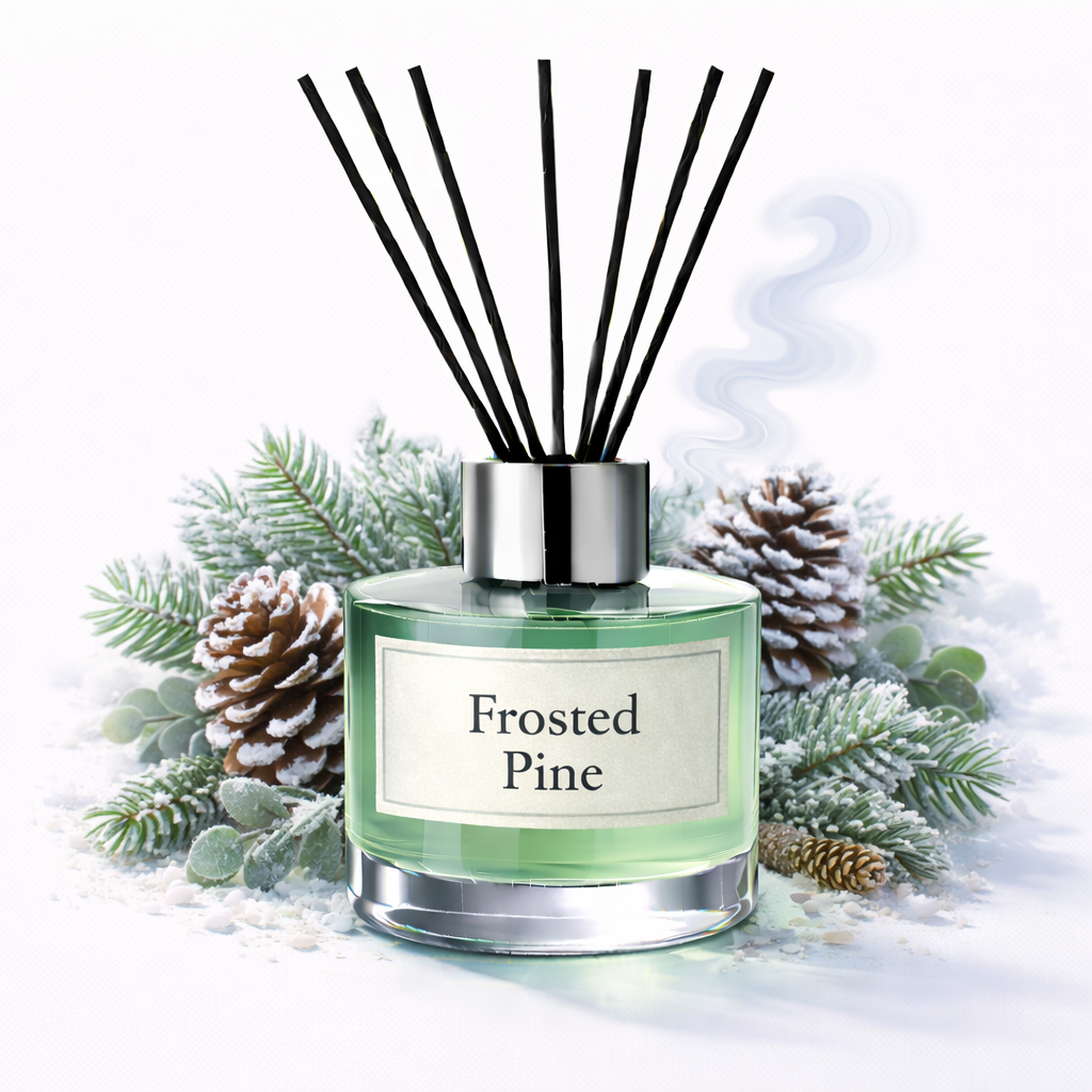 Frosted Pine diffuser with decorative elements on a white background