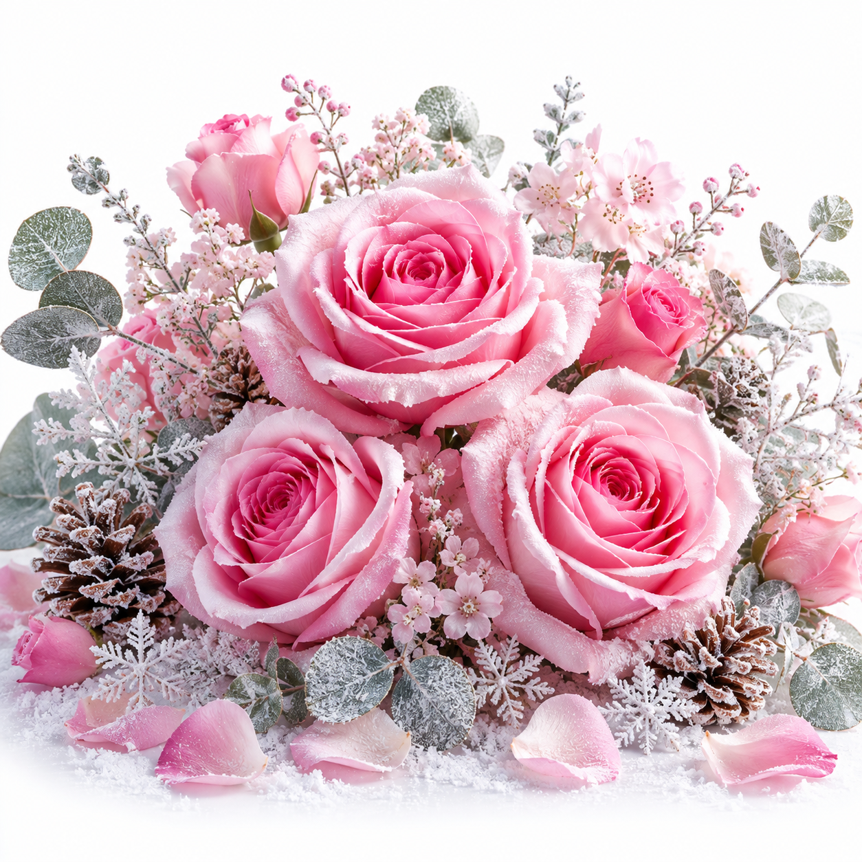 A winter-themed floral arrangement featuring four large pink roses, delicate pink blossoms, green eucalyptus leaves, and frosted snowflake decorations on a white background.