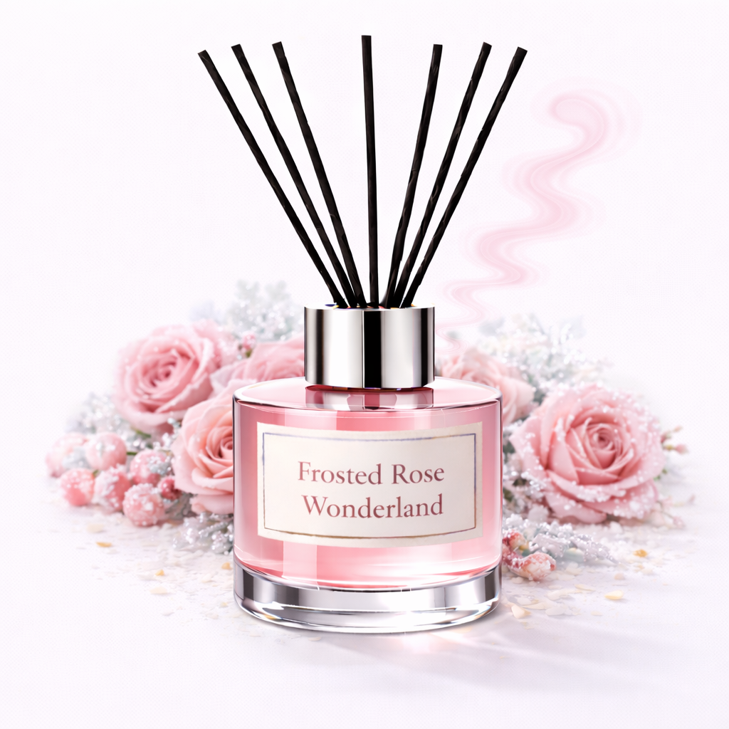 Clear reed diffuser bottle surrounding roses on a white background 