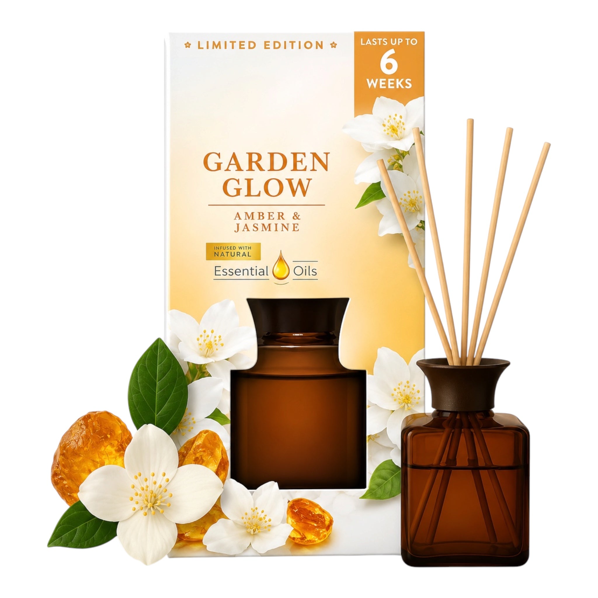Garden Glow Amber & Jasmine reed diffuser set, featuring an amber glass bottle with natural wood reeds, its cream and orange packaging box, and decorative white jasmine flowers and amber crystals on a white background.