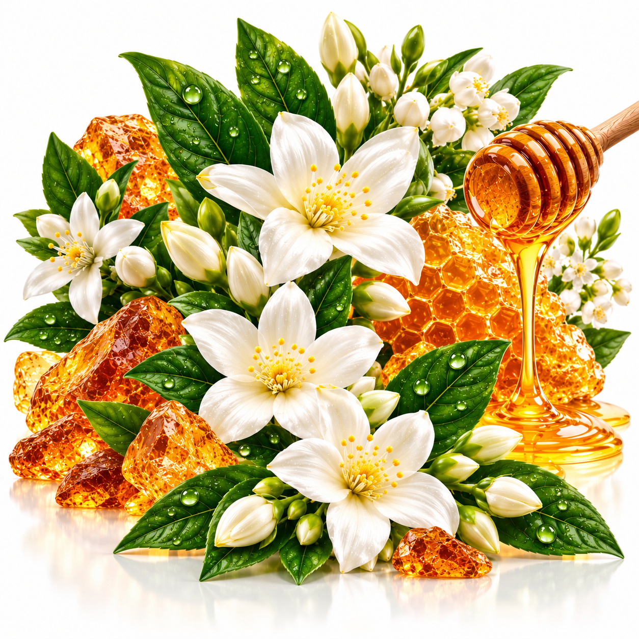 A styled arrangement of white blossoms, green leaves, amber honeycomb pieces, dripping honey, and a wooden honey dipper on a clean white background.