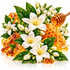 A styled arrangement of white blossoms, green leaves, amber honeycomb pieces, dripping honey, and a wooden honey dipper on a clean white background.