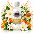 A bottle of Fizzy Whiz 'Garden Glow' fragrance oil centered on a white background, surrounded by white flowers, green leaves, amber honey drops, and a honey dipper. The bottle has a white cap and a white label with the brand name 'Fizzy Whiz' and the scent name 'Garden Glow'.