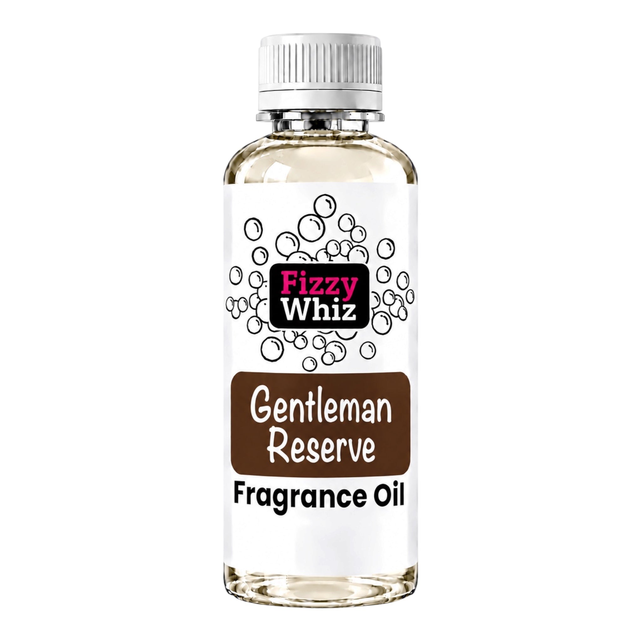 A bottle of Fizzy Whiz Gentleman Reserve Fragrance Oil on a plain white background. The clear glass bottle shows the pale yellow liquid inside, has a white ribbed cap, and a white label with black text and graphics.