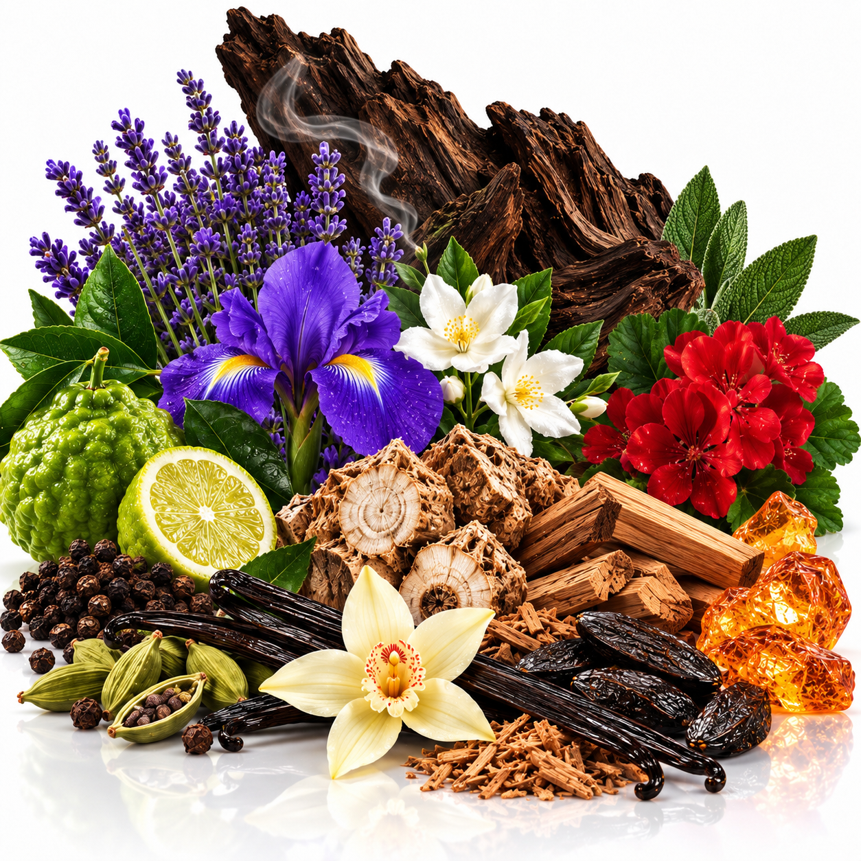 A colorful still life arrangement of natural ingredients and spices on a white background, including purple lavender, a purple iris flower, red hibiscus blossoms, white jasmine flowers, a kumquat fruit, a lime half, vanilla beans, cinnamon sticks, cardamom pods, black peppercorns, and amber-colored resin crystals.