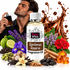 A bottle of Fizzy Whiz 'Gentleman Reserve' fragrance oil is centered, surrounded by ingredients like vanilla beans, lavender, red flowers, citrus, spices, and a splash of amber liquid, with a man holding a perfume bottle in the background.