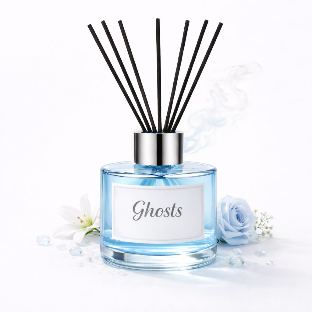 Diffuser with black sticks and 'Ghosts' label on a white background