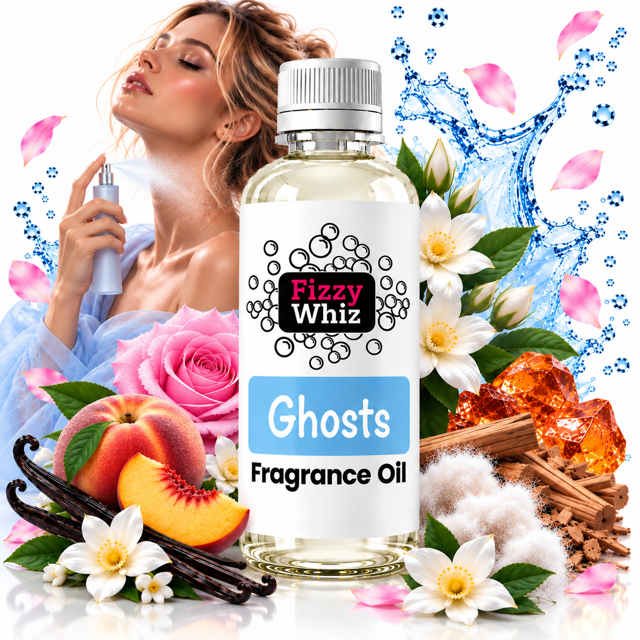 A bottle of Fizzy Whiz Ghosts Fragrance Oil centered in a stylized commercial composition. The bottle has a white label with blue and black text and a silver cap.