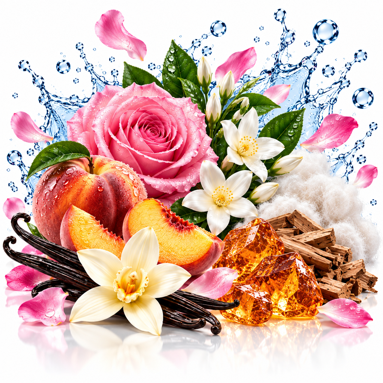 A stylized botanical fragrance composition on a white background featuring a pink rose, peach slices, white flowers, vanilla beans, amber crystals, cinnamon sticks, pink petals, and blue water splashes.