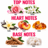 A fragrance notes graphic on a white background with pink text reading TOP NOTES, HEART NOTES, and BASE NOTES. Top notes shown are pink rose, white jasmine, vanilla flower and beans, peach slice, and amber stones.