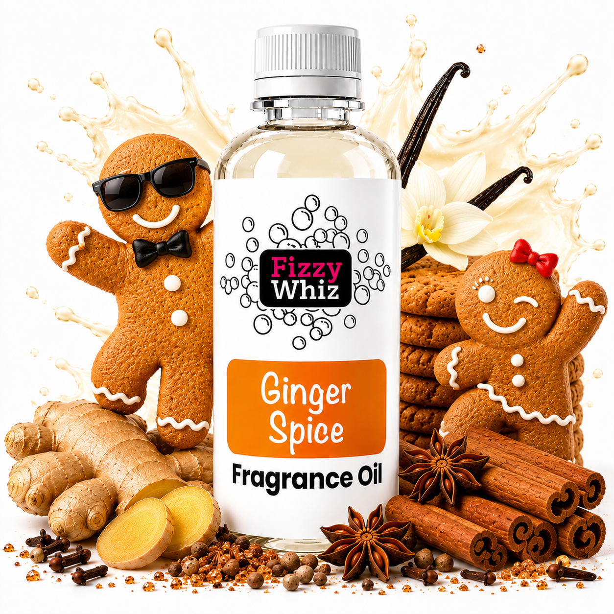 A bottle of Fizzy Whiz Ginger Spice Fragrance Oil centered against a white background, surrounded by ginger root, cinnamon sticks, star anise, cloves, vanilla beans, and gingerbread cookies that spell out 'Ginger Spice'.