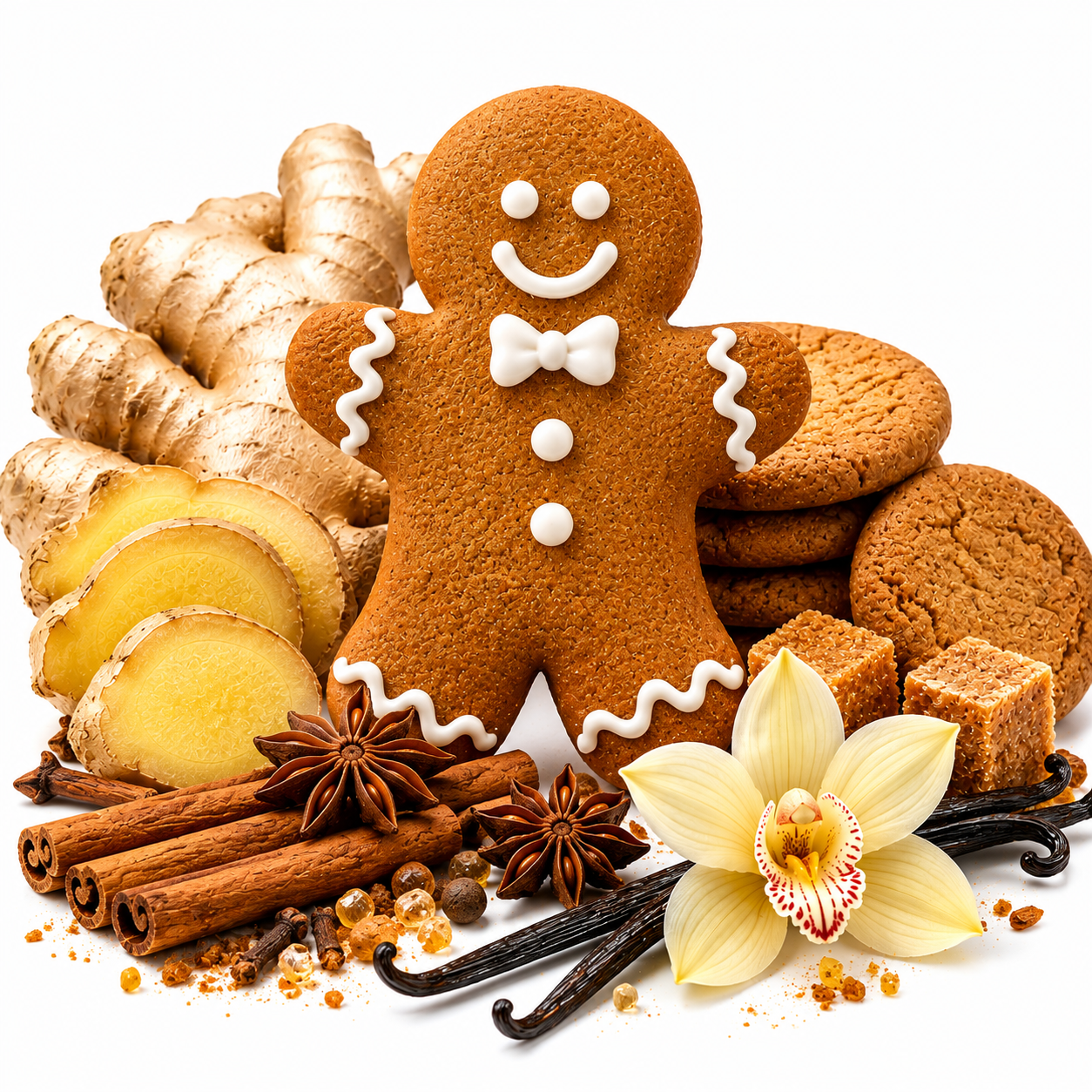 A gingerbread person cookie stands in the center surrounded by ginger roots, cinnamon sticks, star anise, vanilla beans, brown sugar cubes, cookies, and a pale yellow orchid flower on a white background.