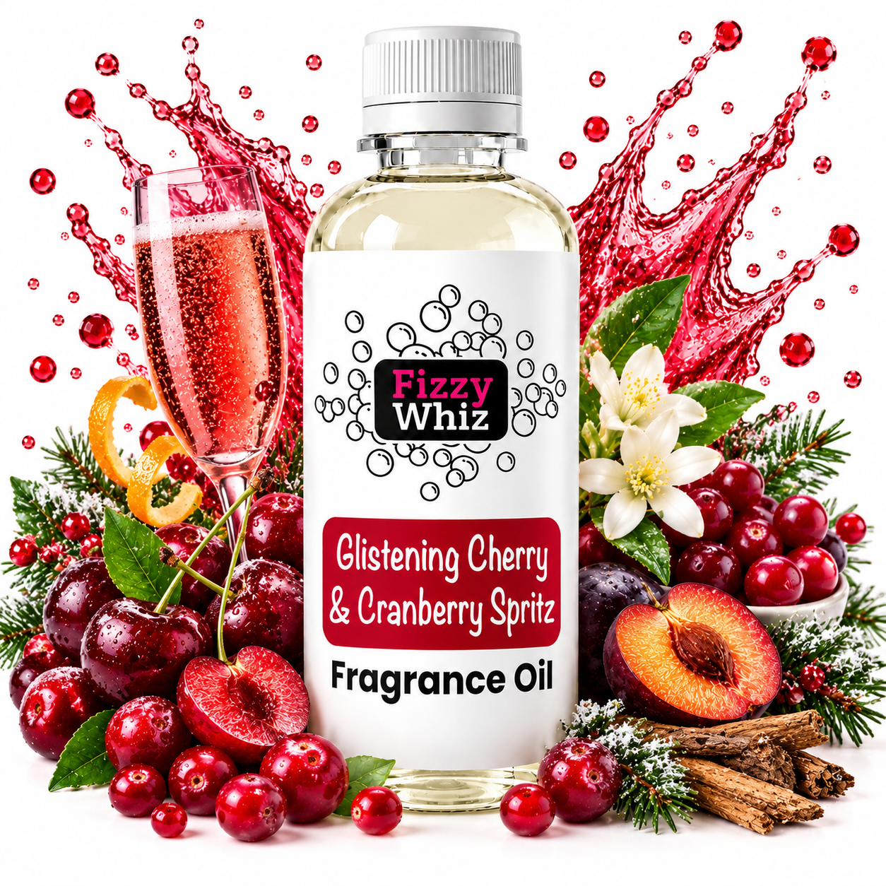 A bottle of Fizzy Whiz Glistening Cherry & Cranberry Spritz fragrance oil centered on a white background, surrounded by cherries, cranberries, a glass of pink bubbly drink, flowers, cinnamon sticks, and red splash graphics.
