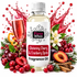 A bottle of Fizzy Whiz Glistening Cherry & Cranberry Spritz fragrance oil centered on a white background, surrounded by cherries, cranberries, a glass of pink bubbly drink, flowers, cinnamon sticks, and red splash graphics.