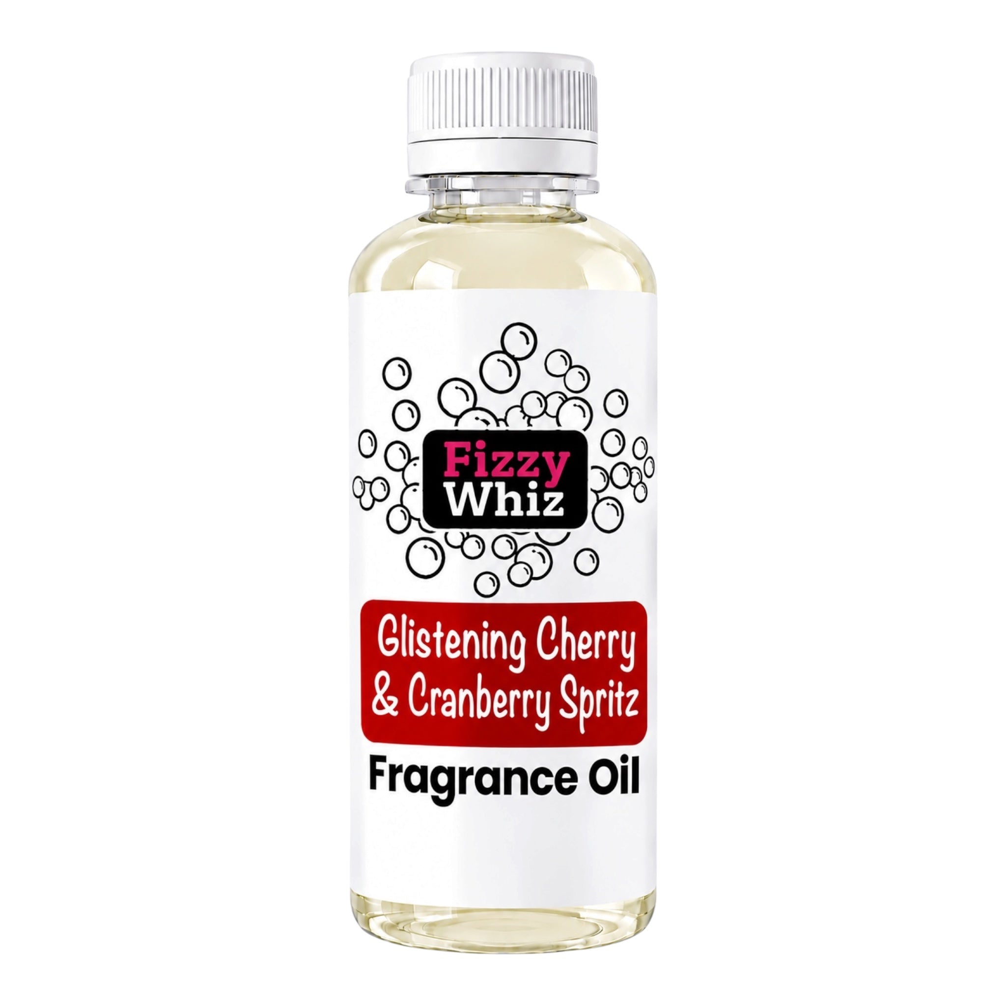 A bottle of Fizzy Whiz Glistening Cherry & Cranberry Spritz Fragrance Oil on a solid white background.