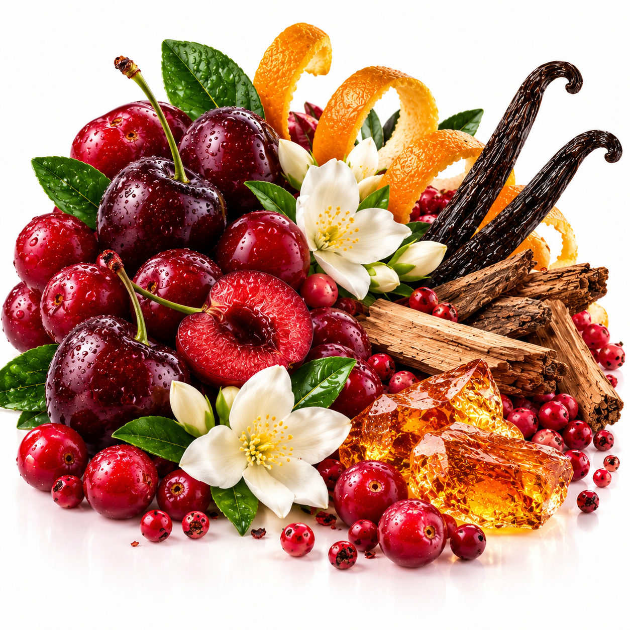 A styled fruit and spice arrangement on a white background, featuring dark red cherries, sliced red fruit, white flowers, orange peel curls, vanilla beans, cinnamon sticks, amber resin, and small red berries.