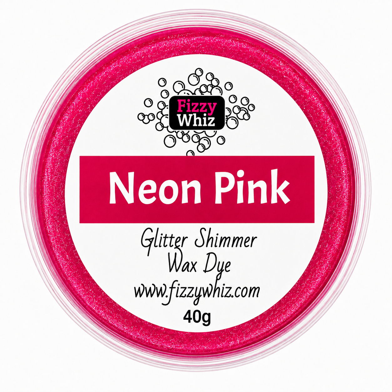 A round plastic jar of Fizzy Whiz Neon Pink glitter shimmer wax dye, 40g, on a clean white background.