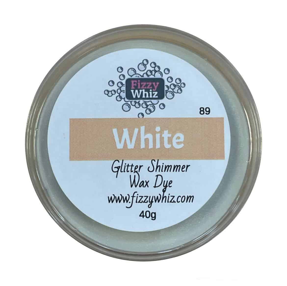 A pot labeled 'White' Glitter Shimmer Wax Dye by Fizzy Whiz, with a weight of 40 grams.