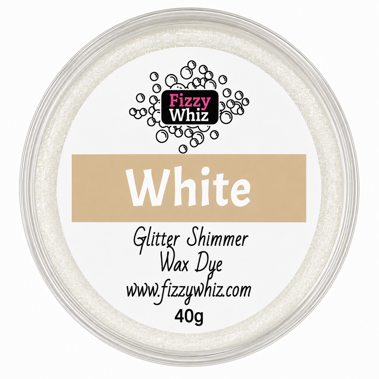 A round clear plastic jar of Fizzy Whiz Glitter Shimmer Wax Dye in the color White, containing 40g of shimmering white wax dye. The label features a beige banner with the word 'White' and the Fizzy Whiz brand logo.